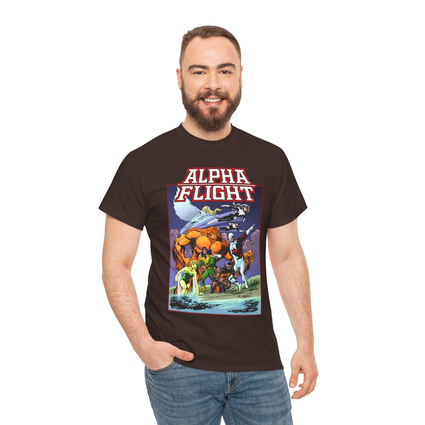 Alpha Flight T-Shirt - John Byrne Art - Guardian, Aurora, Northstar, Shaman, Snowbird, Puck - Marvel Comics - Canada's Super-Team