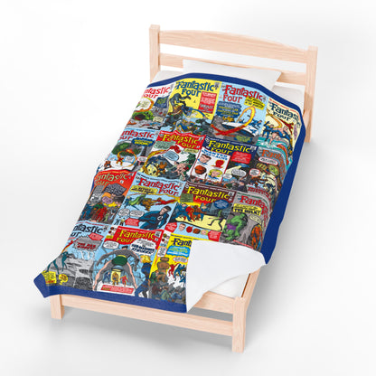 Fantastic Four Plush Blanket 60x80" - Classic Silver Age Jack Kirby Art - Mr. Fantastic, Invisible Woman, Human Torch, The Thing - Marvel Comics