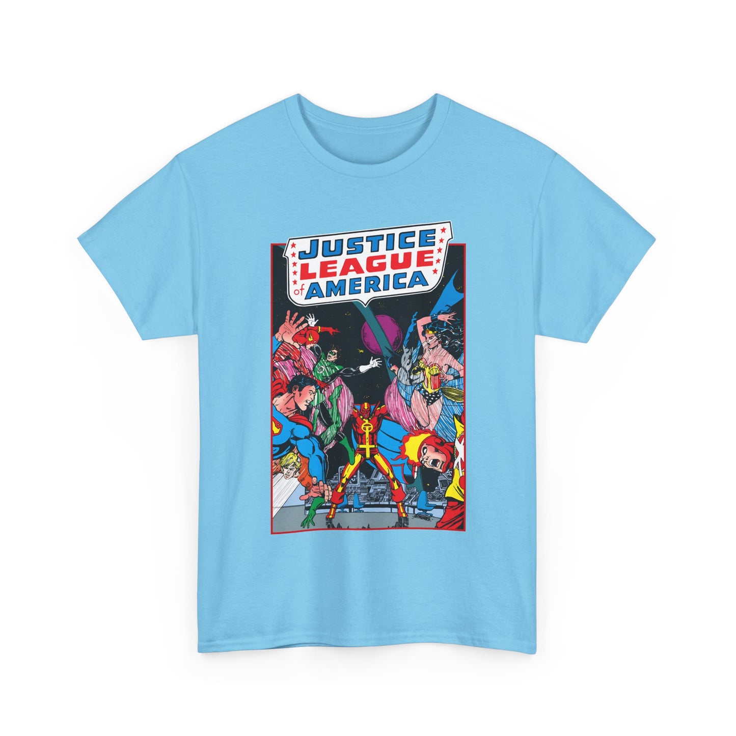 Justice League of America T-Shirt - George Perez Art - 1980s Satellite Era - Superman, Wonder Woman, Firestorm, Green Lantern, Batman - DC Comics