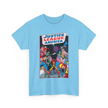 Justice League of America T-Shirt - George Perez Art - 1980s Satellite Era - Superman, Wonder Woman, Firestorm, Green Lantern, Batman - DC Comics