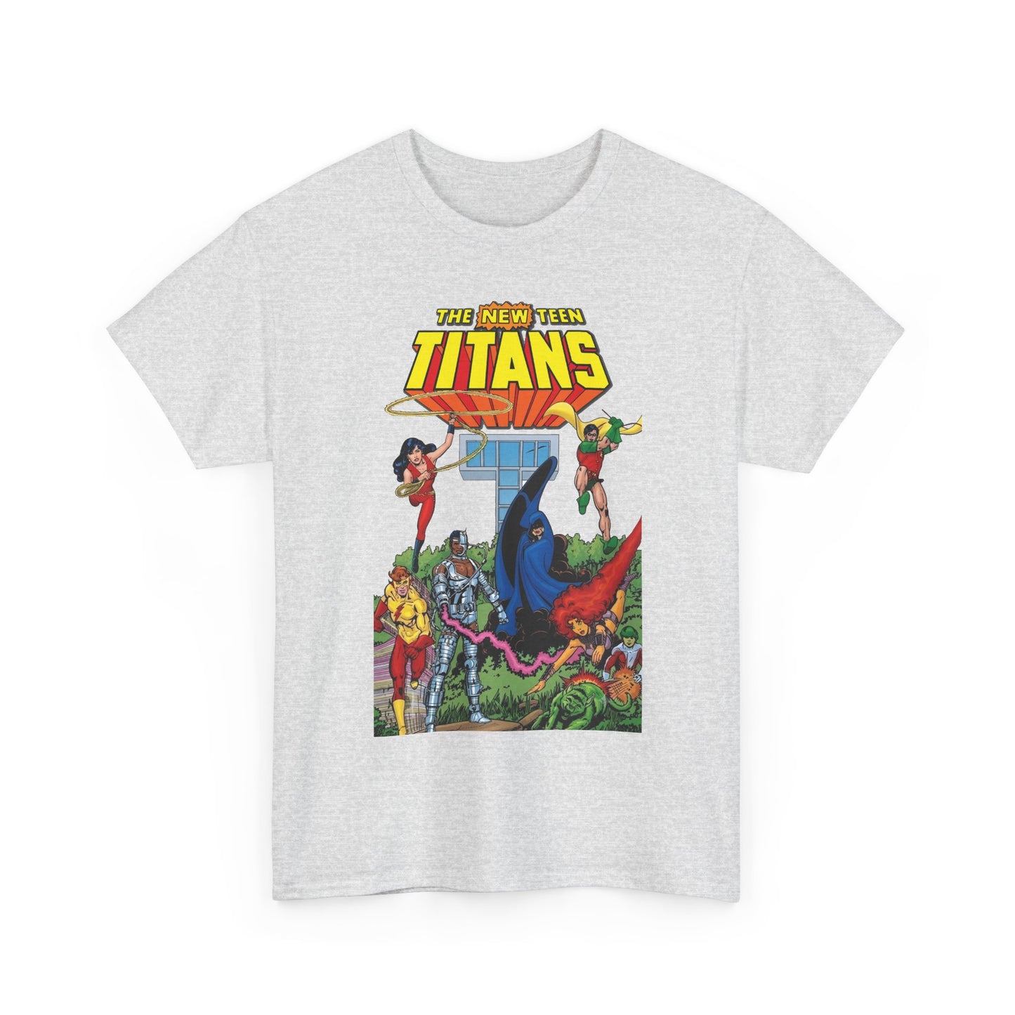 New Teen Titans T-Shirt - George Perez Art - Robin, Wonder Girl, Cyborg, Raven, Changeling, Starfire, Kid Flash - Titans Tower - DC Comics