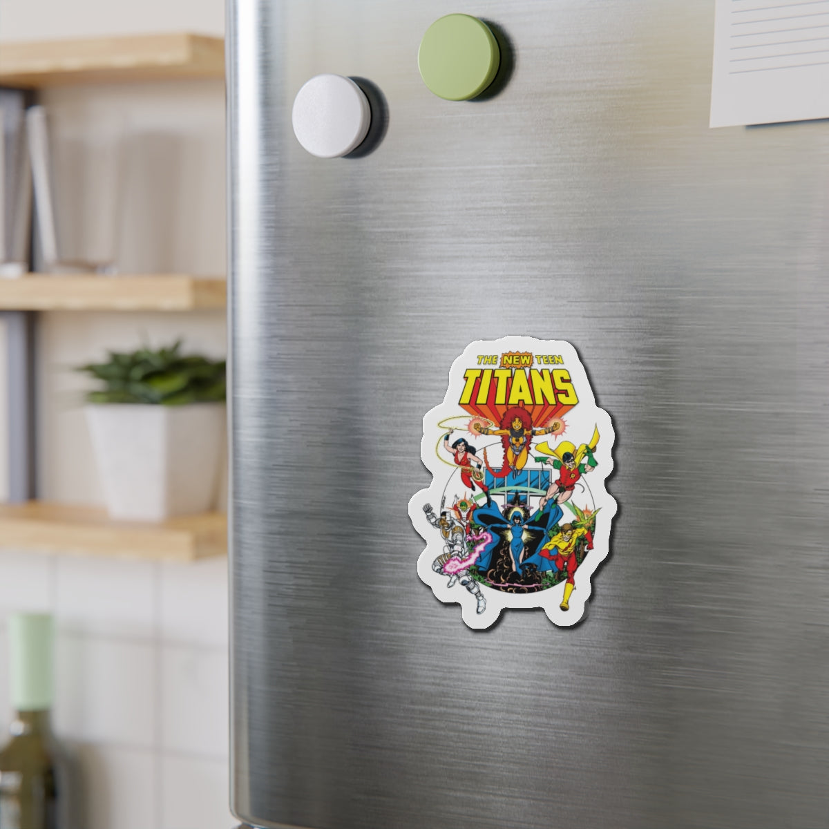 New Teen Titans Die-Cut Magnet - George Perez Art - Robin, Wonder Girl, Cyborg, Starfire, Raven, Changeling, Kid Flash - Titans Tower - DC Comics - 3", 4", 5", 6"
