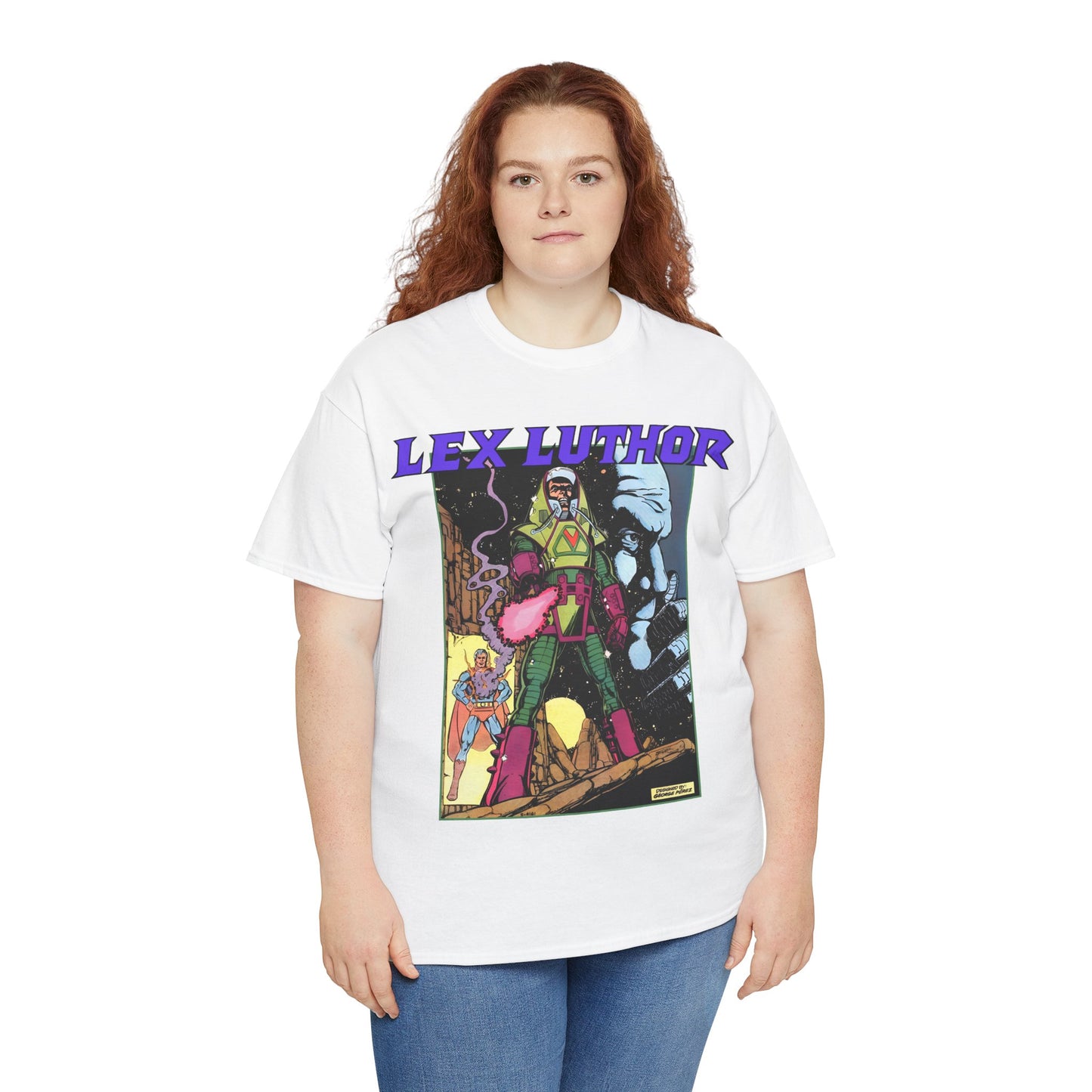 Lex Luthor T-Shirt - George Perez Art - 1980s DC Comics - Action Comics Armor - Inspiration for Super Powers Figure - Superman Enemy