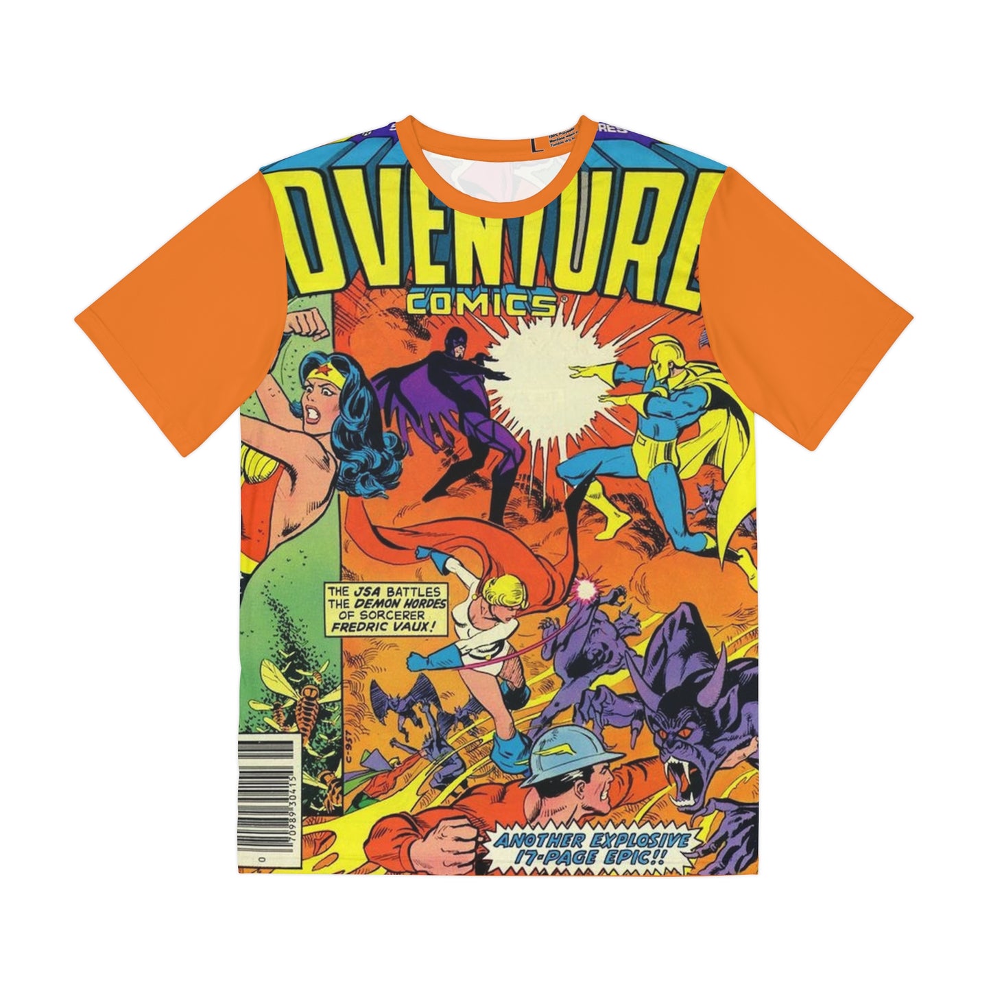 Adventure Comics #463 All Over Print Tee (Polyester) - José Luis García-López Art - Power Girl, Dr. Fate, Flash, Wonder Woman - DC Comics