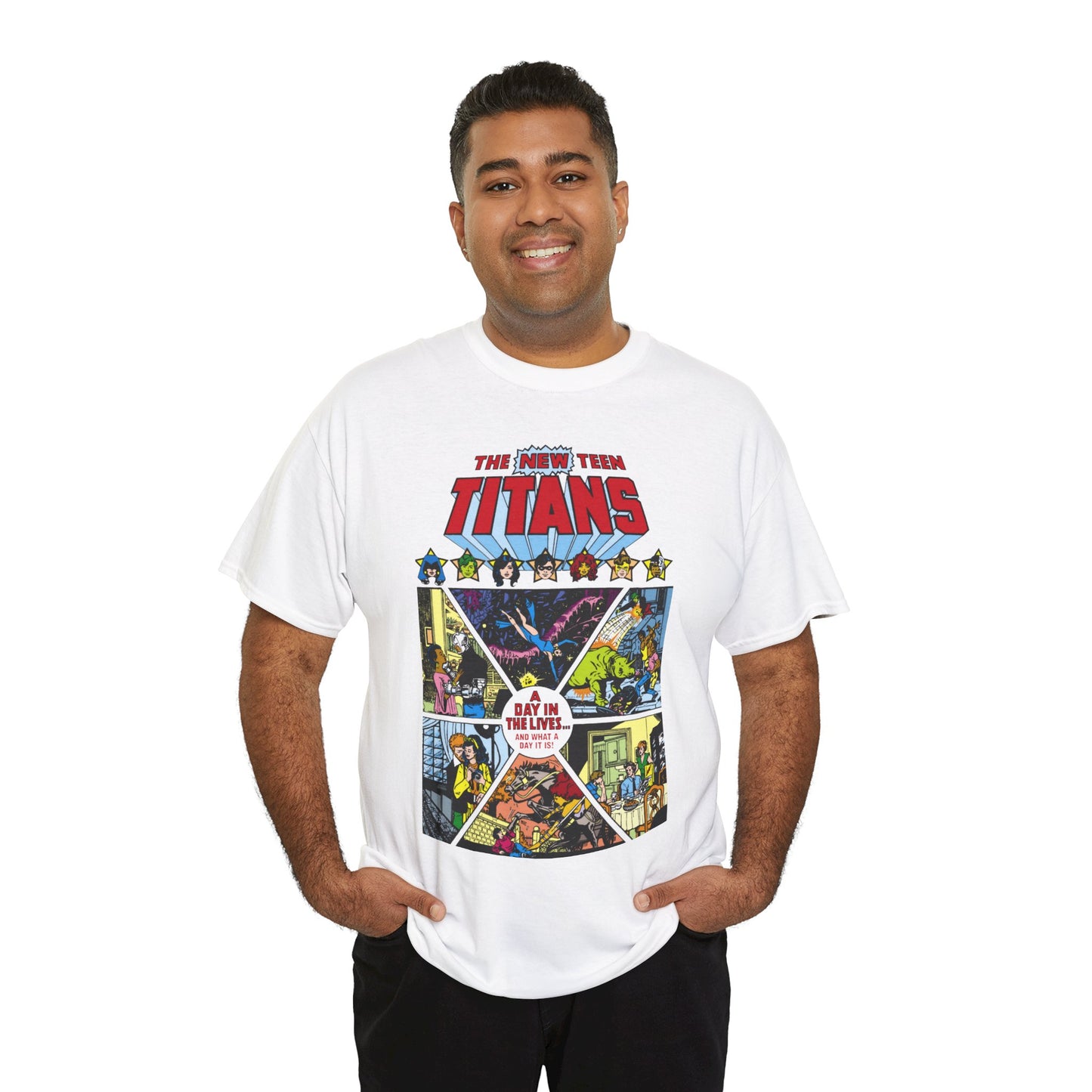 New Teen Titans T-Shirt - George Perez Art - #8 Cover - A Day in the Life - Robin, Wonder Girl, Cyborg, Starfire, Raven, Changeling, Kid Flash - DC Comics