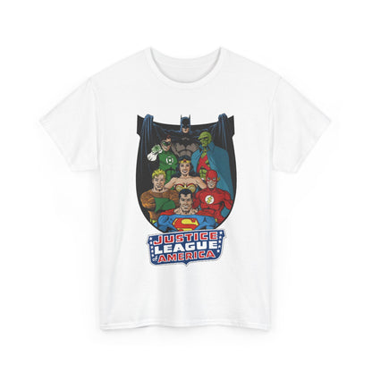 Justice League of America T-Shirt - George Perez Art - Superman, Wonder Woman, Batman, Aquaman, Martian Manhunter, Flash, Green Lantern - DC Comics