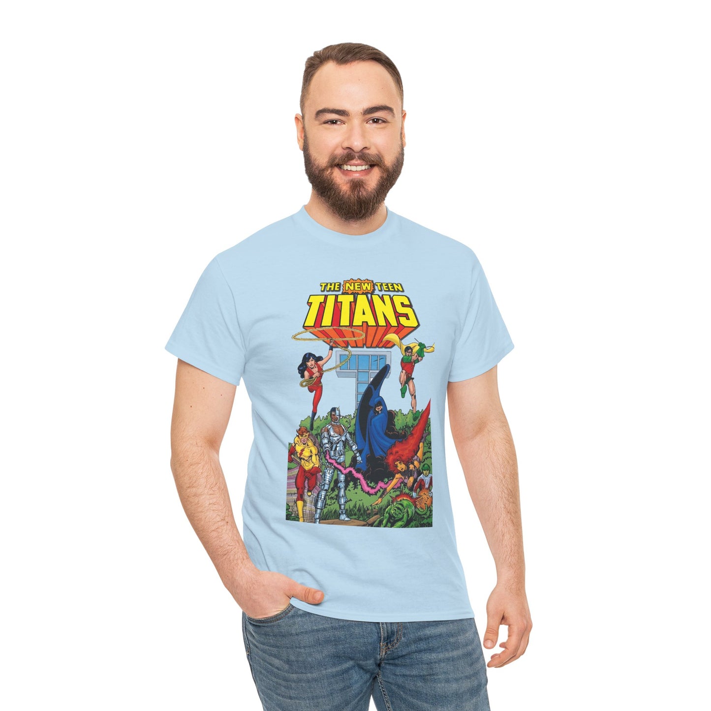 New Teen Titans T-Shirt - George Perez Art - Robin, Wonder Girl, Cyborg, Raven, Changeling, Starfire, Kid Flash - Titans Tower - DC Comics