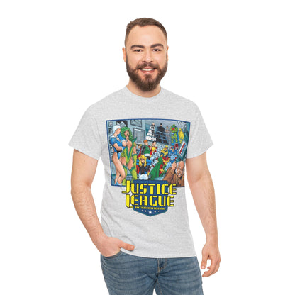 Justice League International T-Shirt - Kevin Maguire Art - Blue Beetle, Booster Gold, Martian Manhunter, Captain Atom, Batman, Fire, Ice - DC Comics - JLI