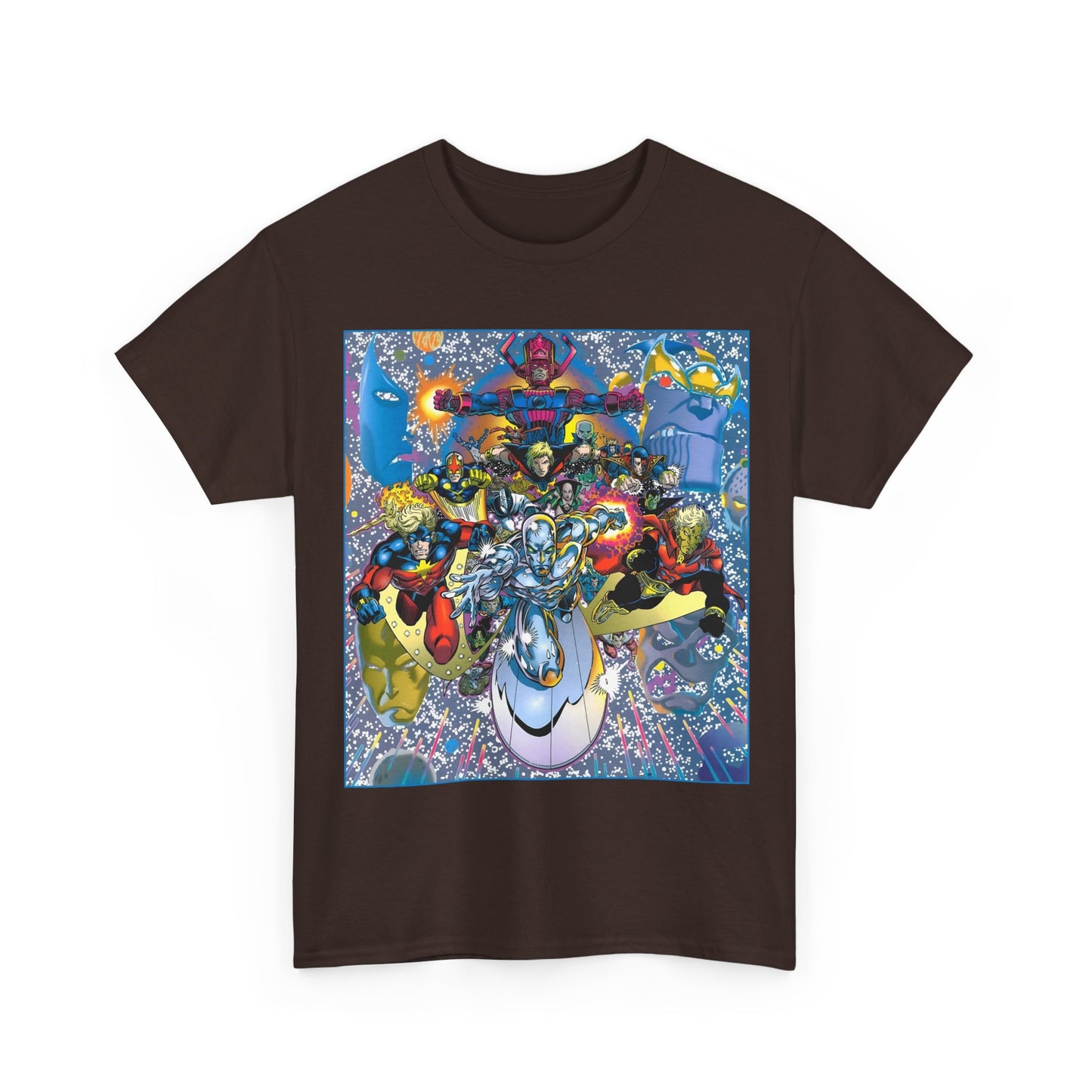 Marvel Cosmic Heroes T-Shirt - Silver Surfer, Captain Marvel, Adam Warlock, Quasar, Nova, Galactus, Jack of Hearts, Moondragon, Thanos