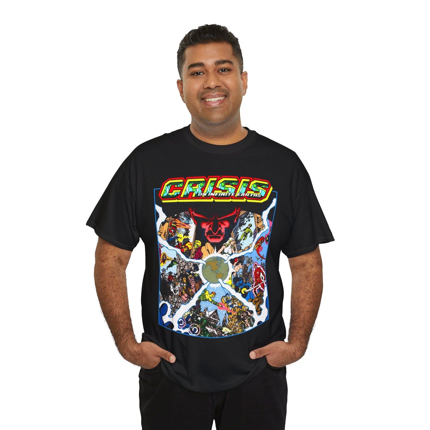 Crisis on Infinite Earths T-Shirt - George Perez Art - #3 Cover - Monitor, Flash, Starfire, Brainiac 5, Dream Girl - DC Comics