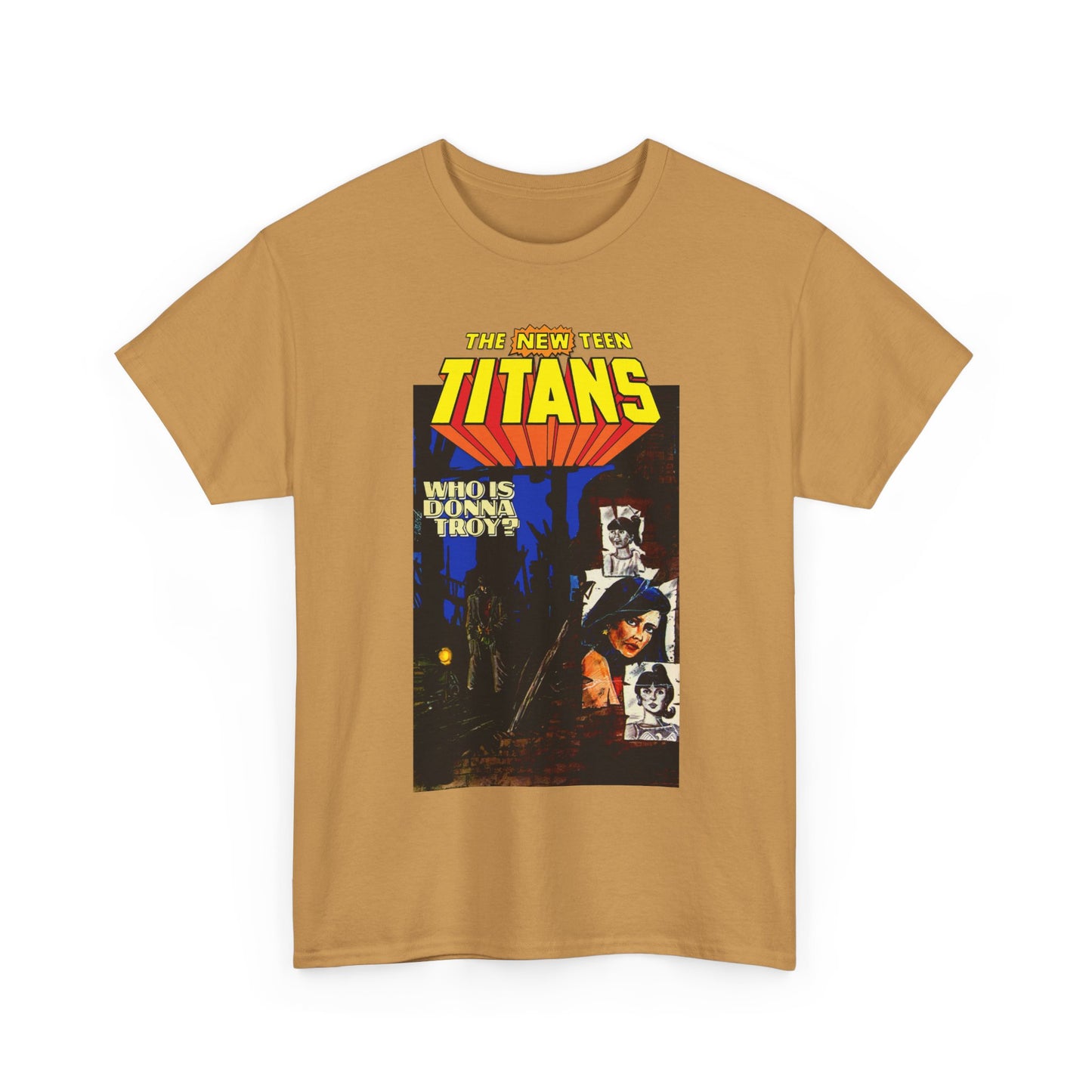 Tan t-shirt with 'The New Teen Titans' graphic design on a white background
