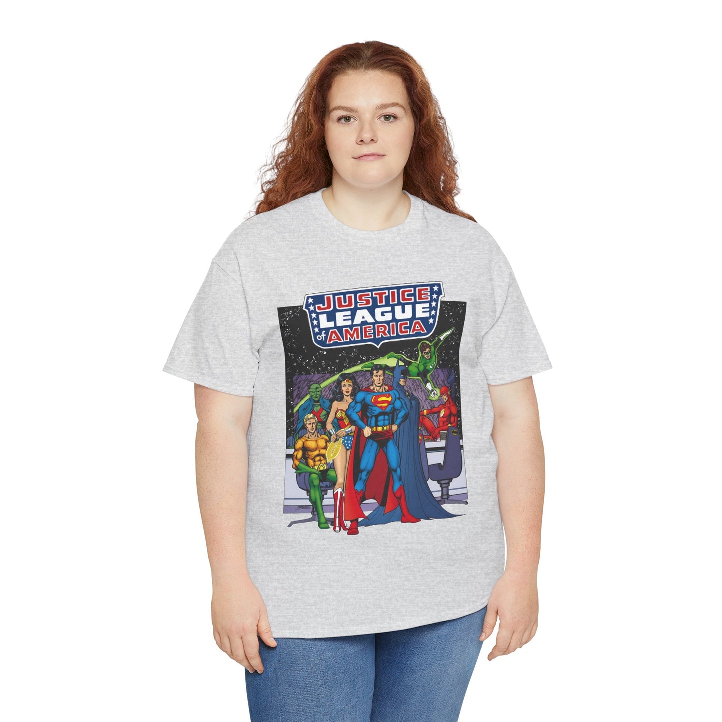 Justice League T-Shirt - George Perez Art - JLA Satellite Era - Superman, Wonder Woman, Green Lantern, Batman, Flash, Aquaman, Martian Manhunter - DC Comics