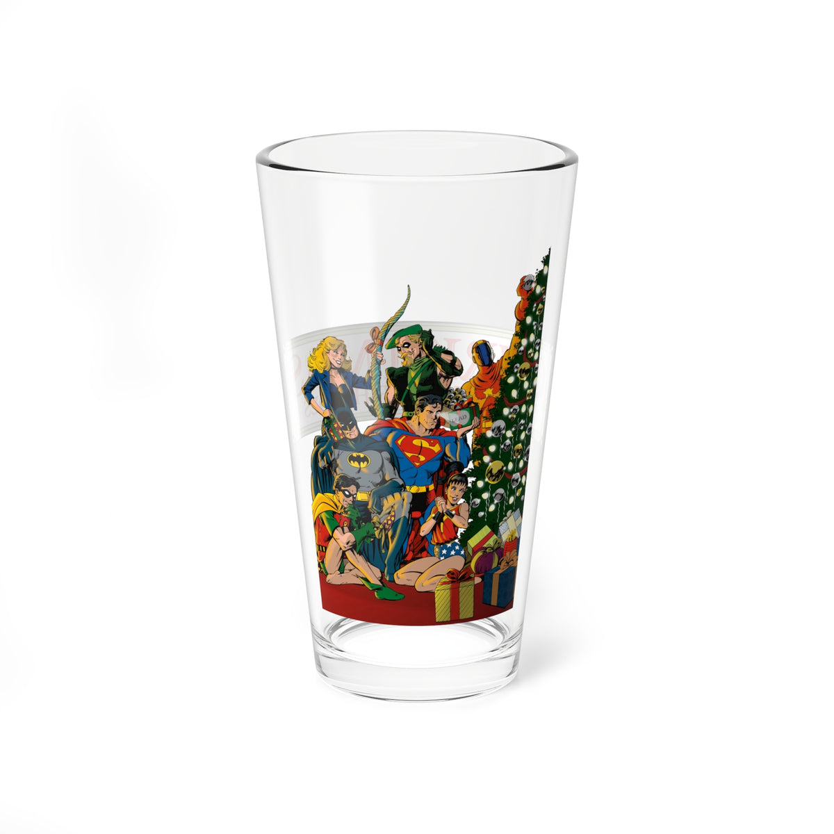 Christmas With the DC Super-Heroes Pint Glass, 16oz - John Byrne Art - Superman, Green Arrow, Teen Titans - Festive Holiday Barware