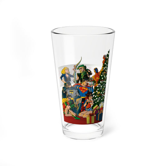 Christmas With the DC Super-Heroes Pint Glass, 16oz - John Byrne Art - Superman, Green Arrow, Teen Titans - Festive Holiday Barware