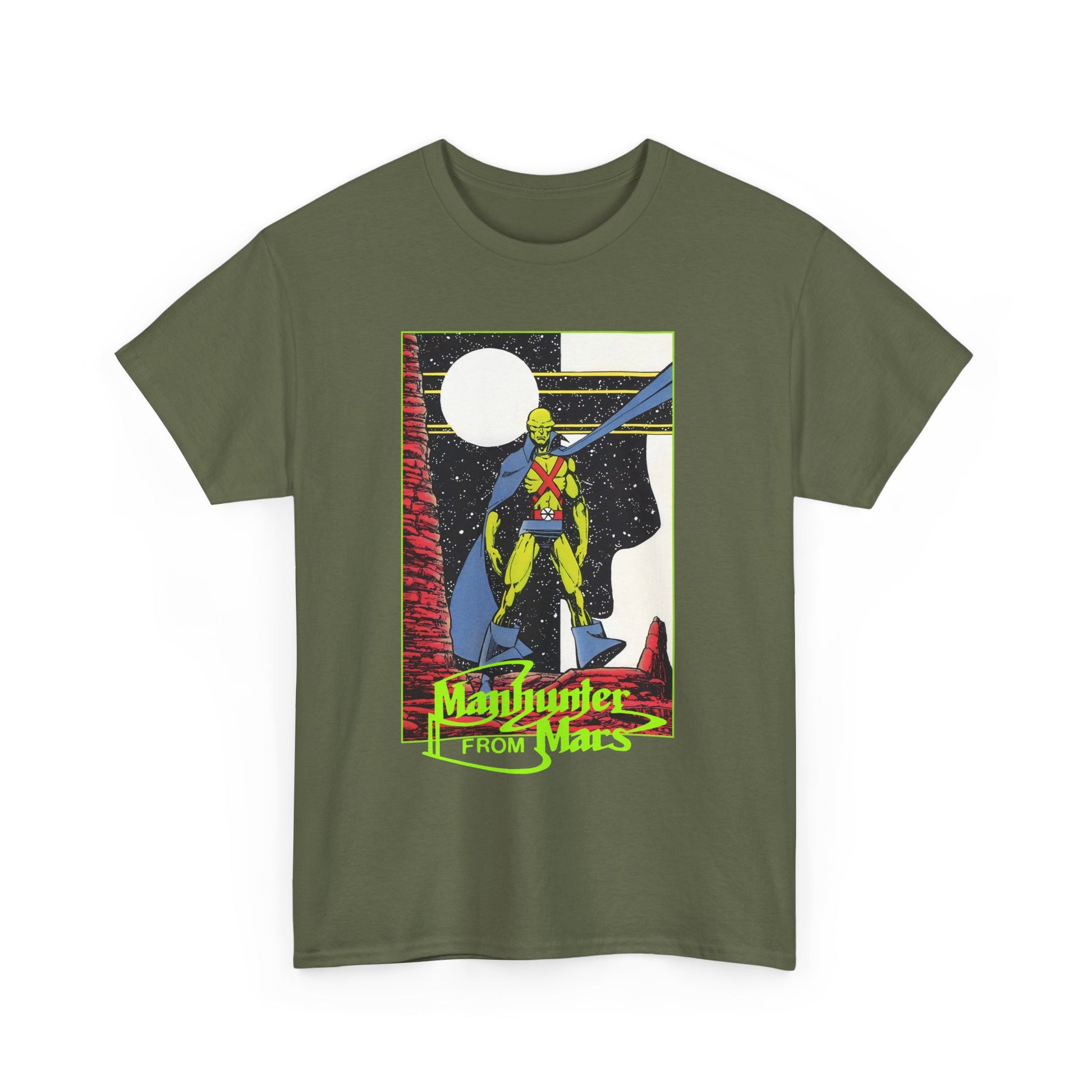 Green t-shirt with a graphic design of DC Comics' Martian Manhunter by George Perez