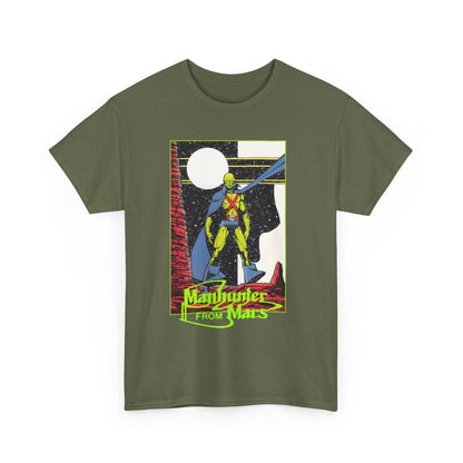 Green t-shirt with a graphic design of DC Comics' Martian Manhunter by George Perez
