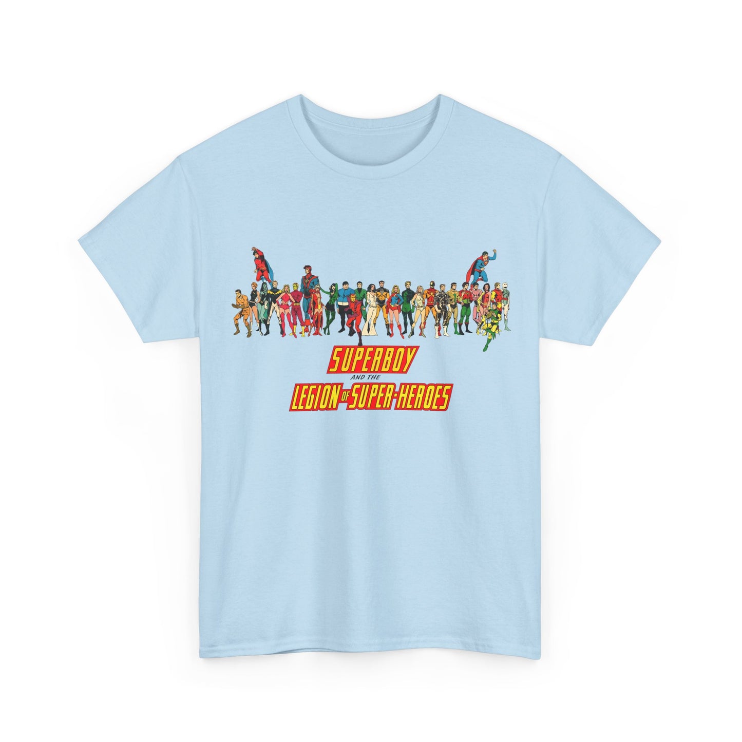 Superboy & Legion of Super-Heroes T-Shirt - 1970s DC Comics Art - Saturn Girl, Lightning Lad, Brainiac 5, Supergirl, Dawnstar, Mon-El, Bouncing Boy, Wildfire - LOSH