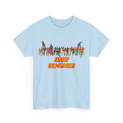 Superboy & Legion of Super-Heroes T-Shirt - 1970s DC Comics Art - Saturn Girl, Lightning Lad, Brainiac 5, Supergirl, Dawnstar, Mon-El, Bouncing Boy, Wildfire - LOSH