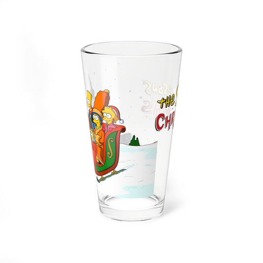 Simpsons Christmas Pint Glass, 16oz - Homer As Santa - Family in Winter Sleigh Traveling Through The Snow