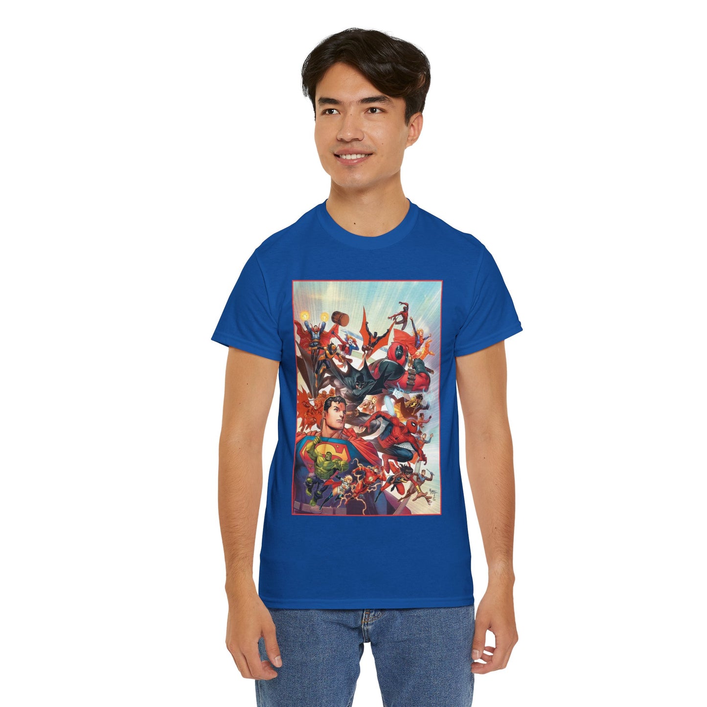 DC/Marvel T-Shirt - The Cosmic Kiss Caper & Other Stories Cover Art - Superman, Deadpool, Spider-Man, Harley Quinn, Batman Beyond, Static, Dr. Strange - DC Comics/Marvel