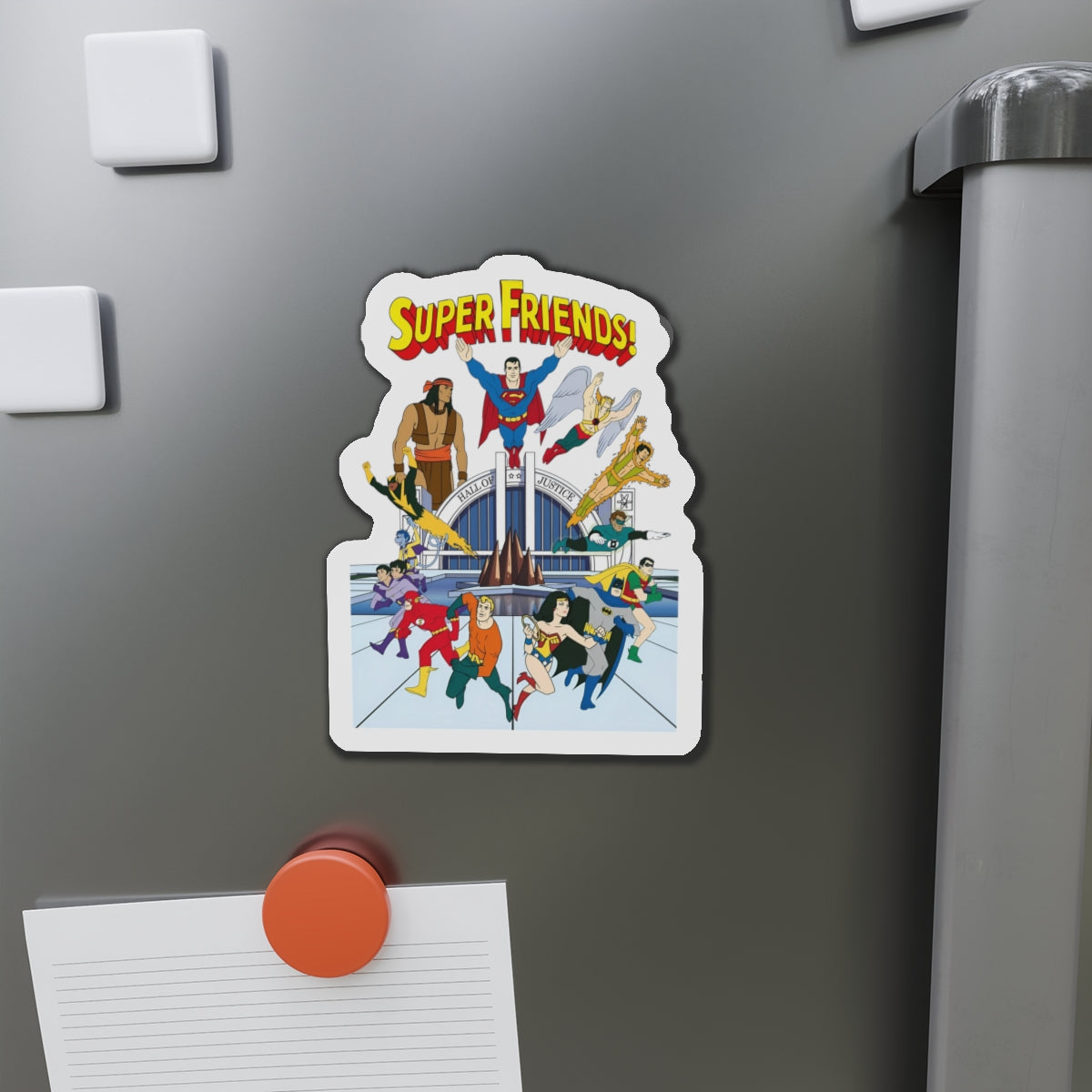 Super Friends Die-Cut Magnet - Beloved 1970s Saturday Morning Cartoon - Superman, Wonder Woman, Flash, Samurai, Green Lantern, Wonder Twins, Black Vulcan, Apache Chief - DC Comics - 3", 4", 5", 6"