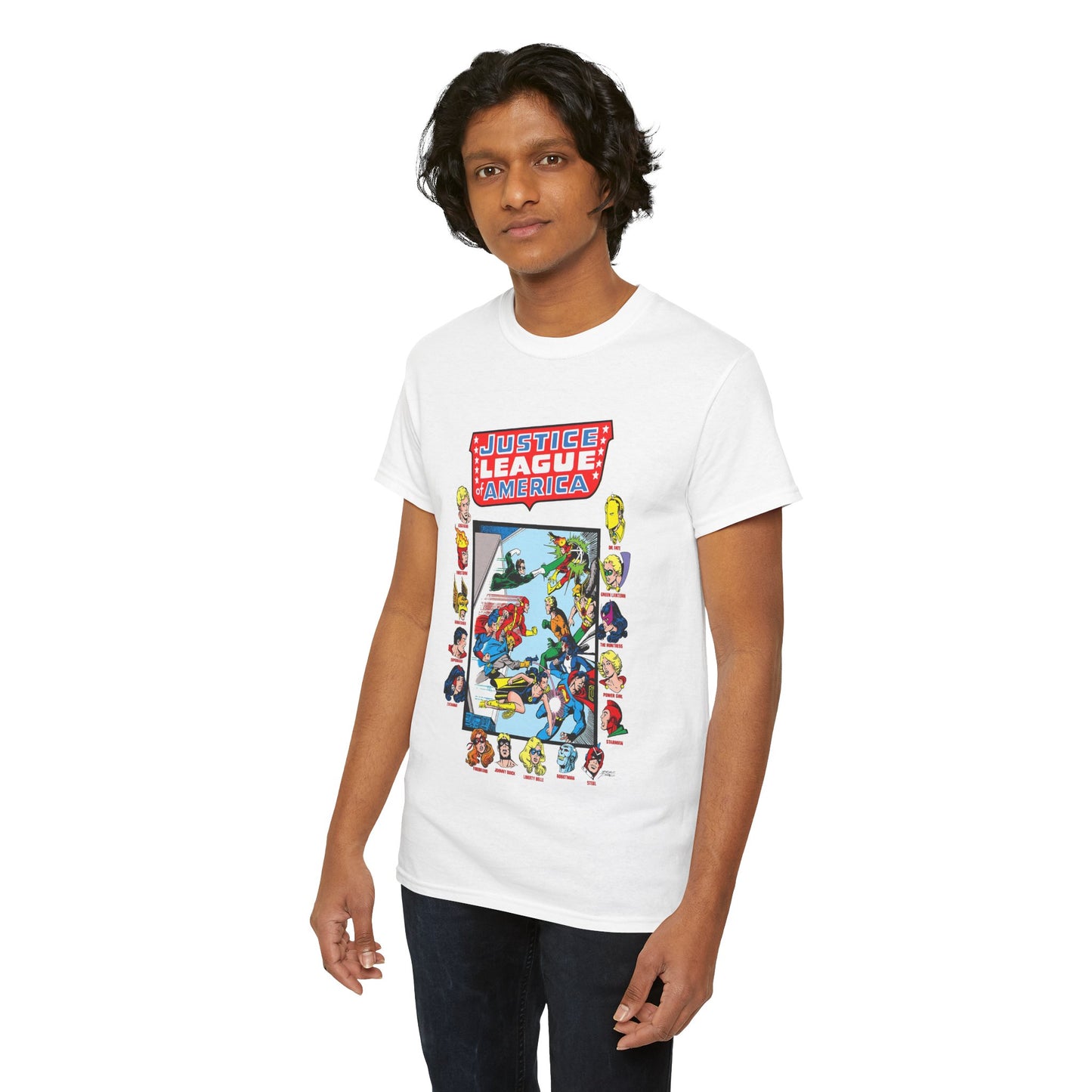 JLA & JSA T-Shirt - George Perez Art - All-Star Squadron - Firestorm, Huntress, Starman, Zatanna, Liberty Belle, Superman, Robotman, Firebrand, Dr Fate - DC Comics