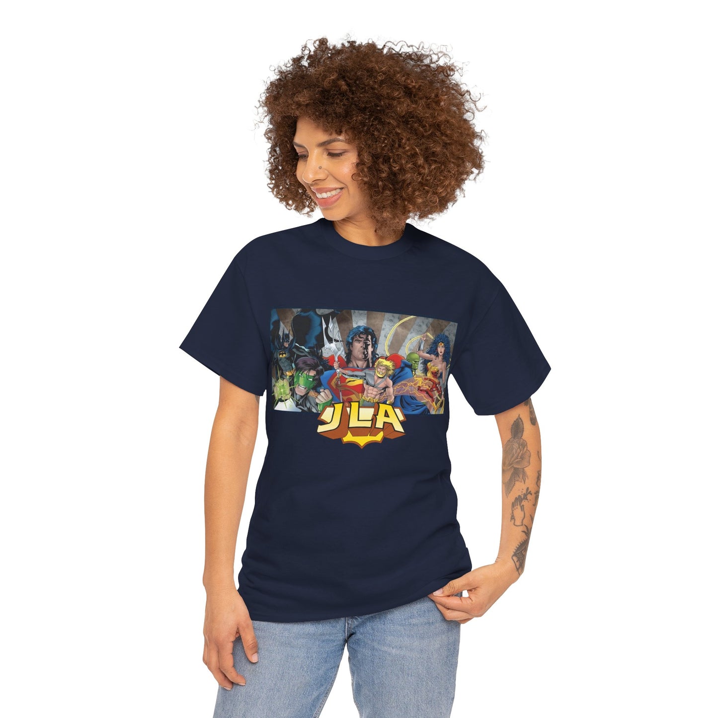 Justice League T-Shirt - Kevin Maguire Art - Superman, Wonder Woman, Batman, Flash, Aquaman, Martian Manhunter, Green Lantern - 90s Lineup - DC Comics