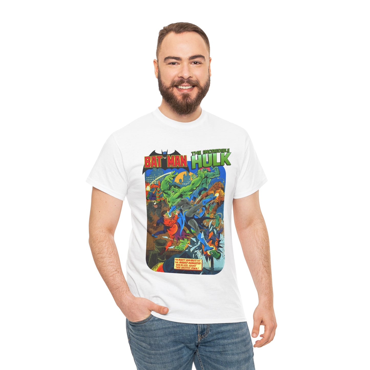 Batman & Incredible Hulk T-Shirt - DC/Marvel Comics 1970s Team-Up - Two-Face & Leader - Retro Art