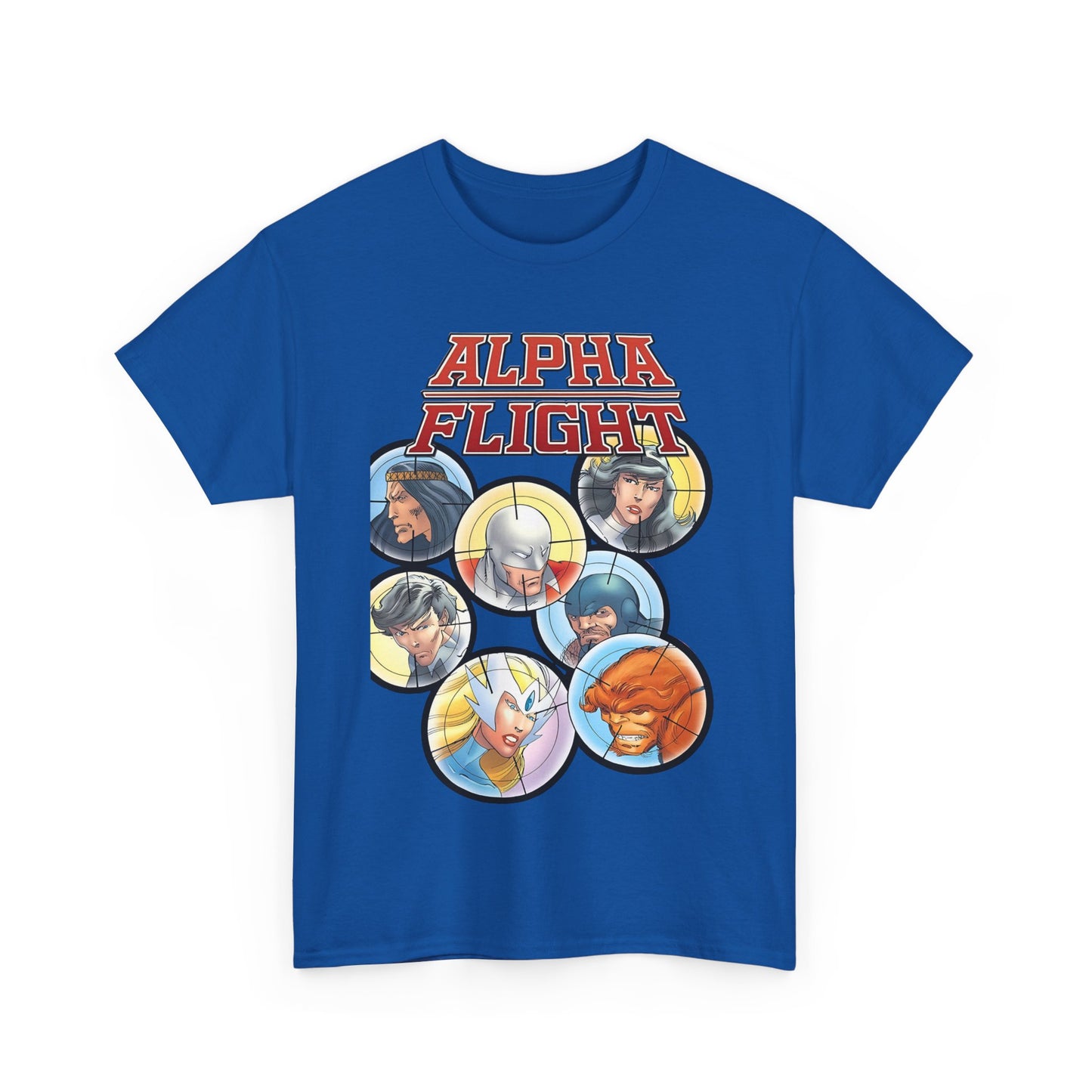 Alpha Flight T-Shirt - John Byrne Art - Guardian, Aurora, Northstar, Sasquatch, Shaman, Puck, Snowbird - Canada's Super Heroes - Marvel Comics
