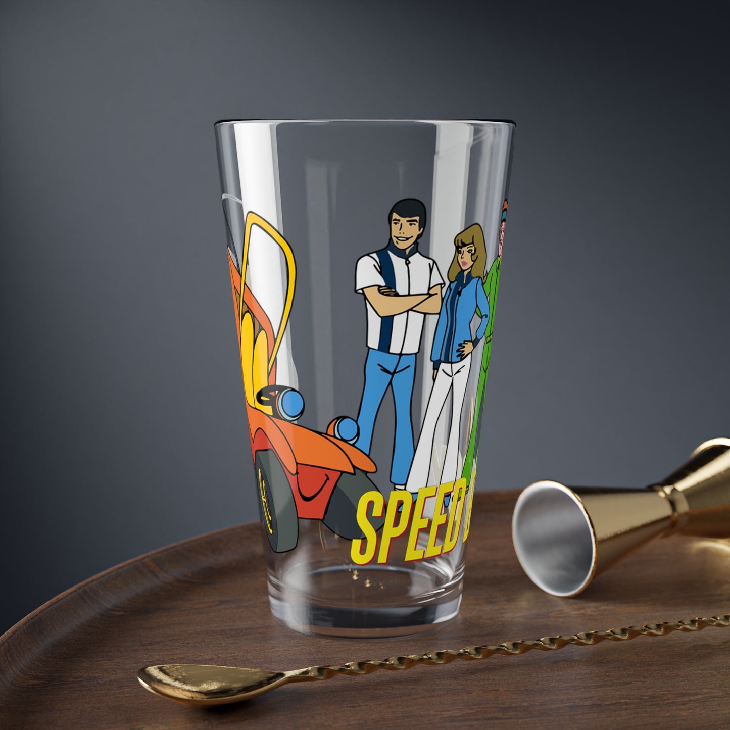 Speed Buggy Pint Glass, 16oz - Hanna-Barbera Saturday Morning Cartoon - Debbie, Mark, and Tinker - Solving Mysteries & Participating in Racing Competitions Around the World