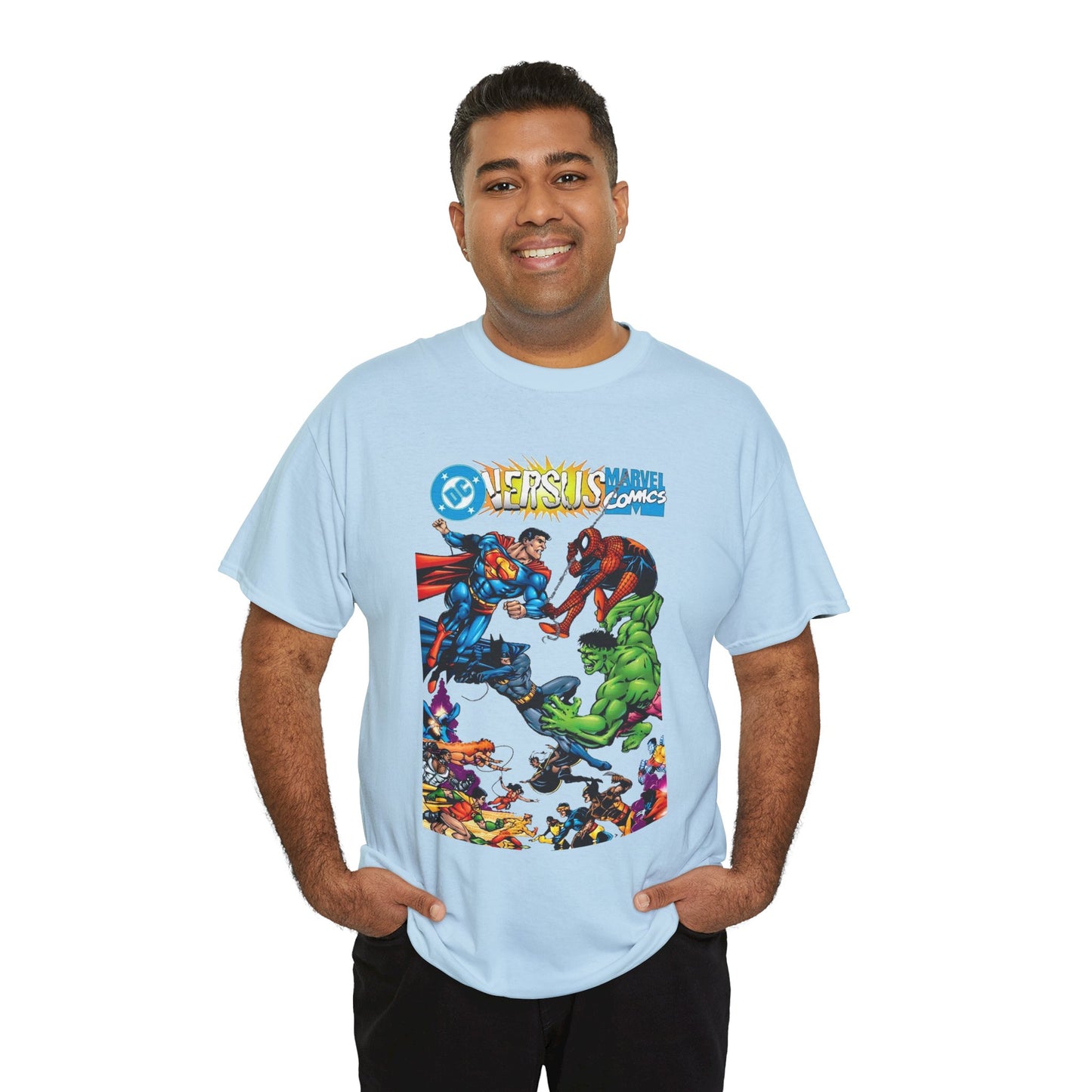 DC Comics Vs Marvel Comics T-Shirt - George Perez Art - Superman, Hulk, Batman, Spider-man, X-Men, New Teen Titans