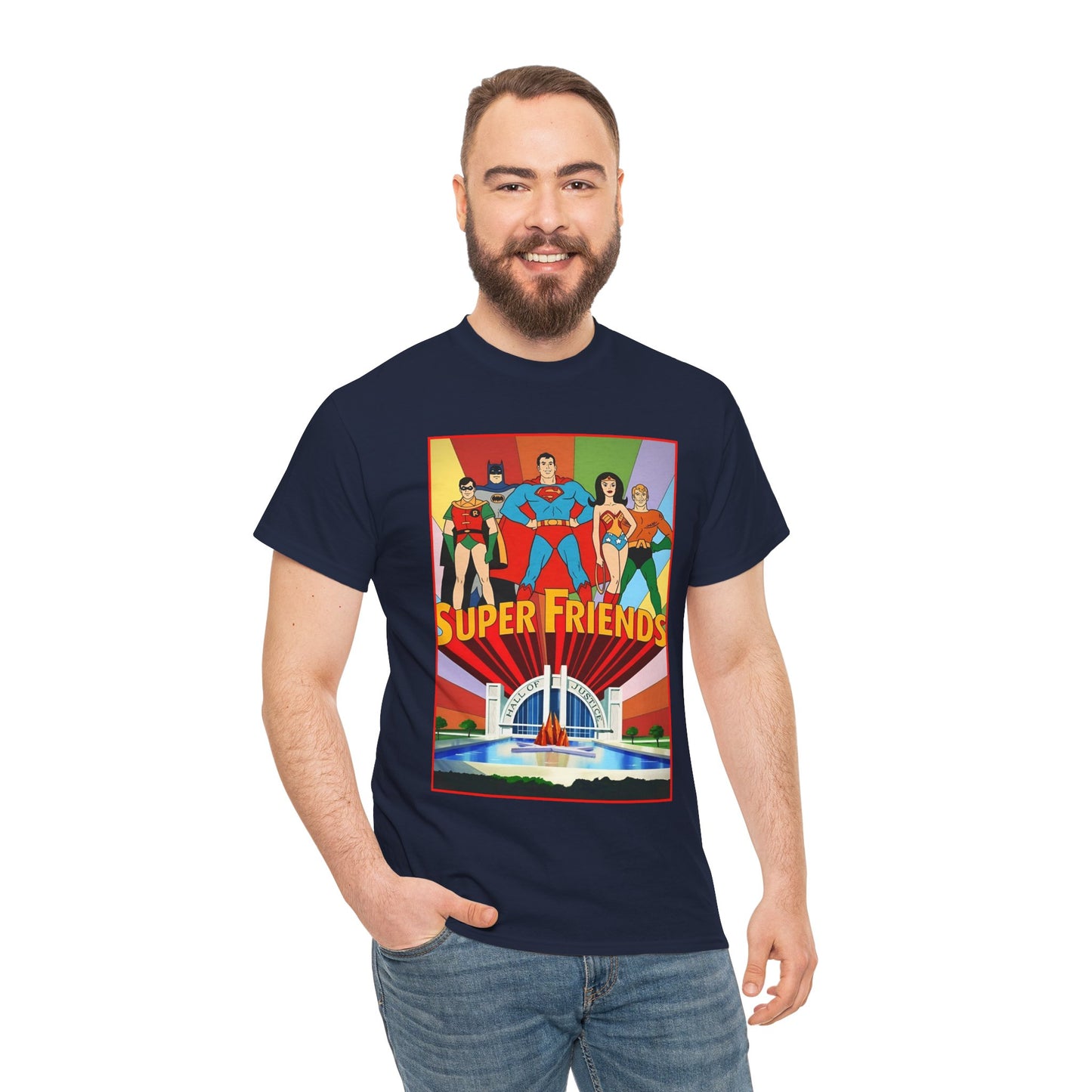 Super Friends T-Shirt - Batman, Superman, Wonder Woman, Robin - Hanna-Barbera Cartoon - DC Comics - Hall of Justice