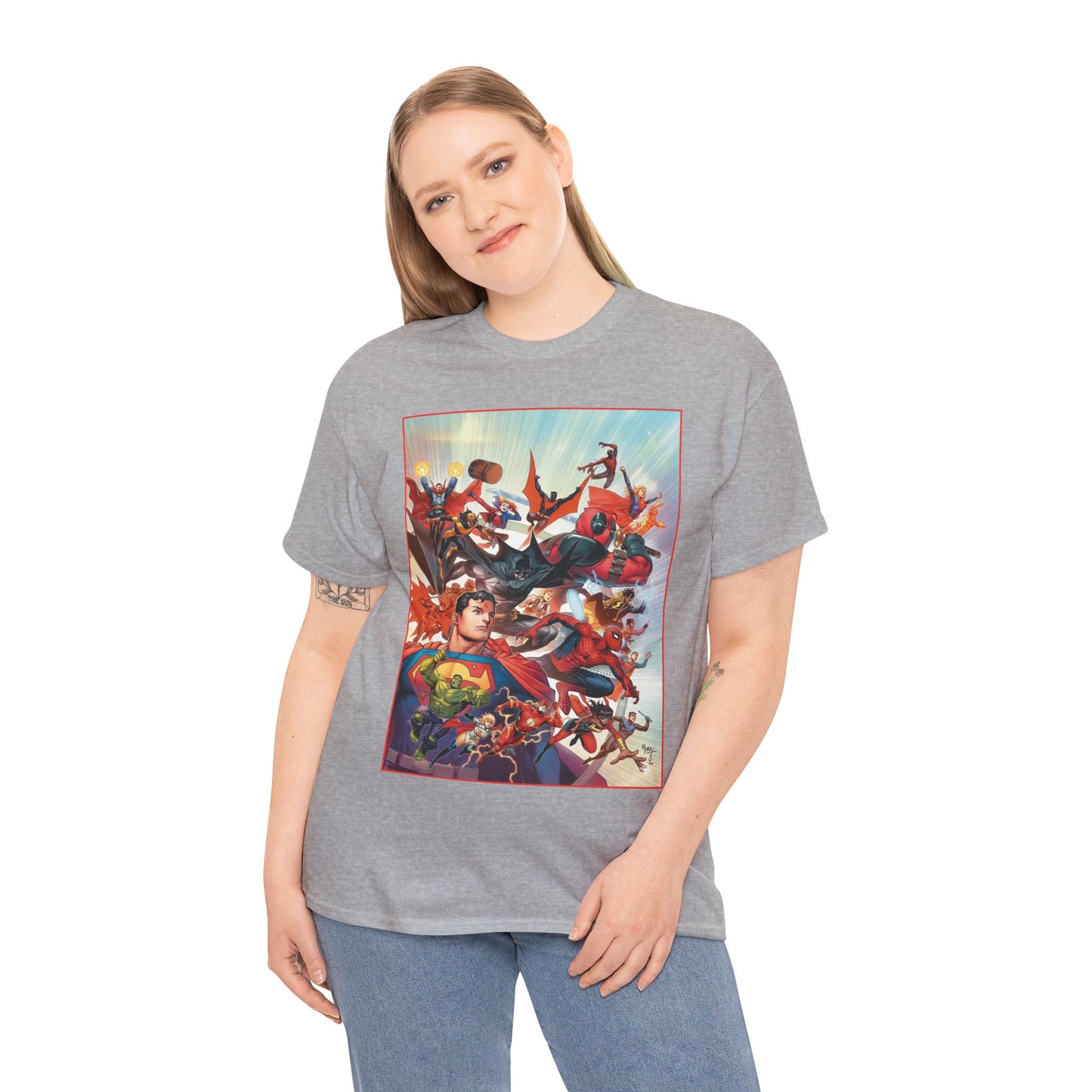 DC/Marvel T-Shirt - The Cosmic Kiss Caper & Other Stories Cover Art - Superman, Deadpool, Spider-Man, Harley Quinn, Batman Beyond, Static, Dr. Strange - DC Comics/Marvel