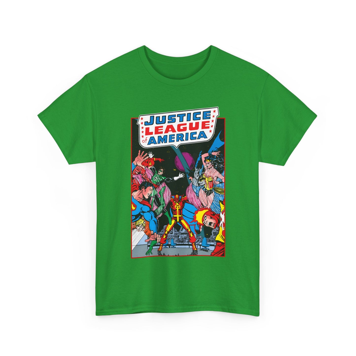 Justice League of America T-Shirt - George Perez Art - 1980s Satellite Era - Superman, Wonder Woman, Firestorm, Green Lantern, Batman - DC Comics