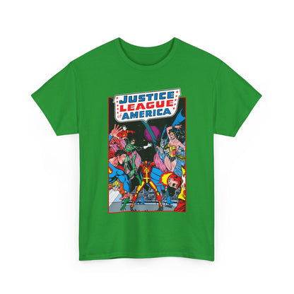 Justice League of America T-Shirt - George Perez Art - 1980s Satellite Era - Superman, Wonder Woman, Firestorm, Green Lantern, Batman - DC Comics
