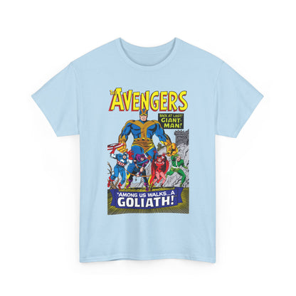 Light blue t-shirt with 'The Avengers' graphic design on a white background