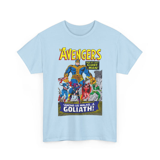 Light blue t-shirt with 'The Avengers' graphic design on a white background