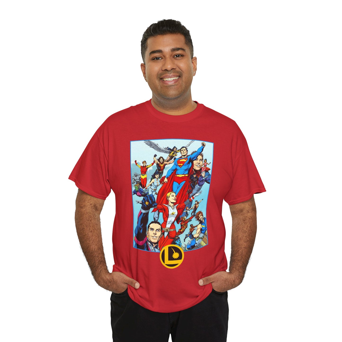 Legion of Super-Heroes T-Shirt - Gary Frank Art - Superman, Saturn Girl, Cosmic Boy, Dawnstar, Brainiac 5, Phantom Girl, Wildfire, Blok, Lightning Lad, Timber Wolf - LOSH - DC Comics