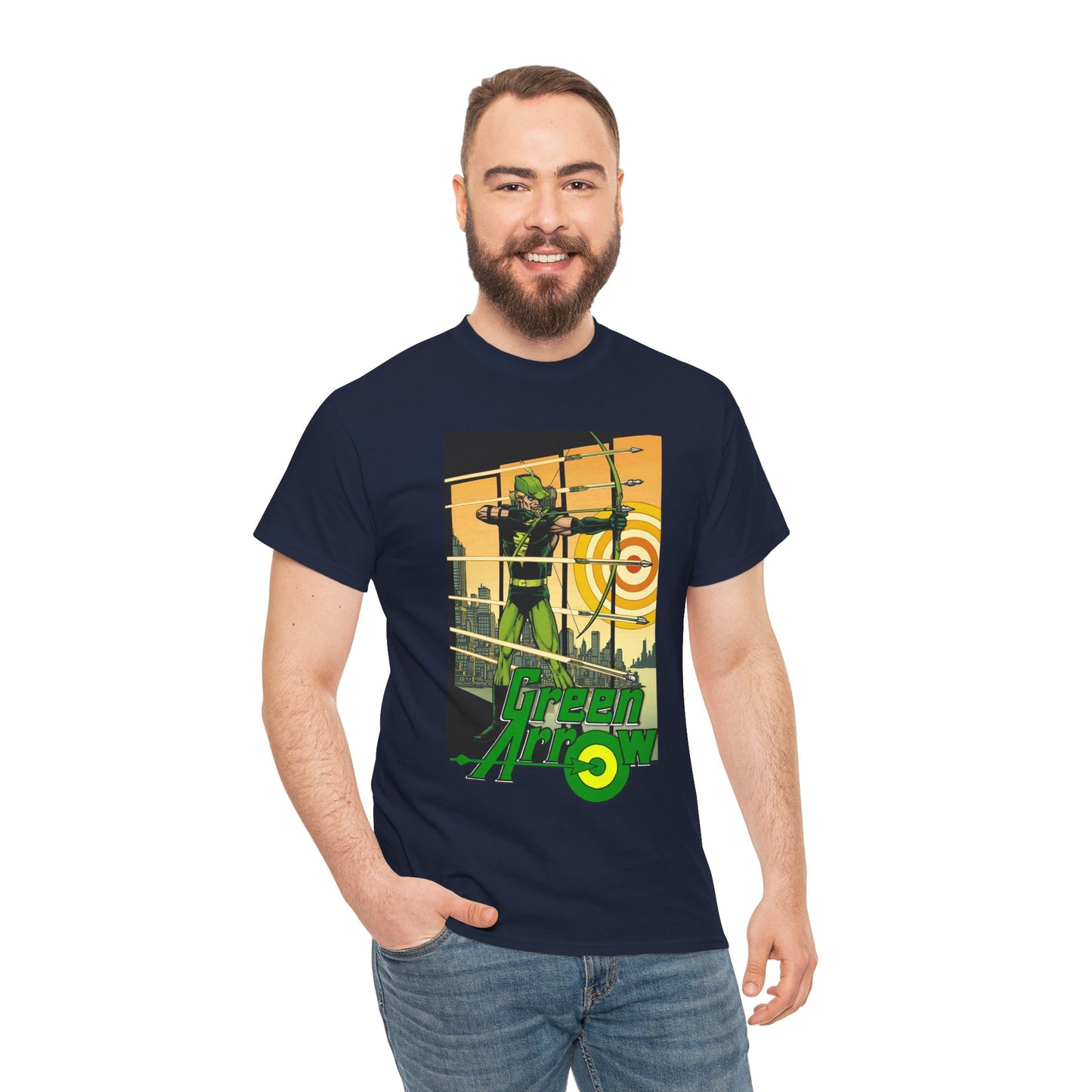 Green Arrow T-Shirt - George Perez Art - 1980s Justice League Postcard Art - JLA - DC Comics