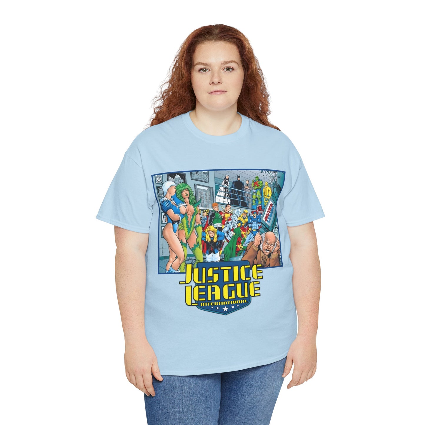 Justice League International T-Shirt - Kevin Maguire Art - Blue Beetle, Booster Gold, Martian Manhunter, Captain Atom, Batman, Fire, Ice - DC Comics - JLI