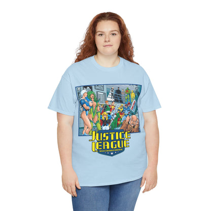 Justice League International T-Shirt - Kevin Maguire Art - Blue Beetle, Booster Gold, Martian Manhunter, Captain Atom, Batman, Fire, Ice - DC Comics - JLI