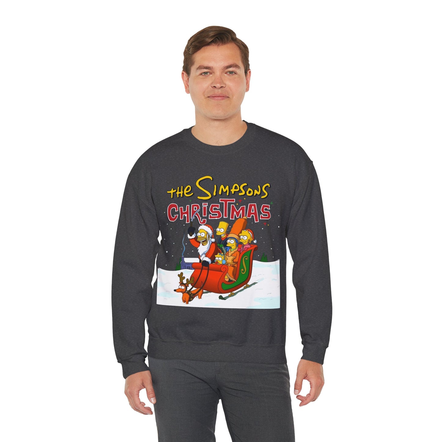 Simpsons Family Christmas Crewneck Sweatshirt - Homer, Marge, Bart, Lisa, Maggie - Riding a Christmas Sleigh Through the Winter Snow