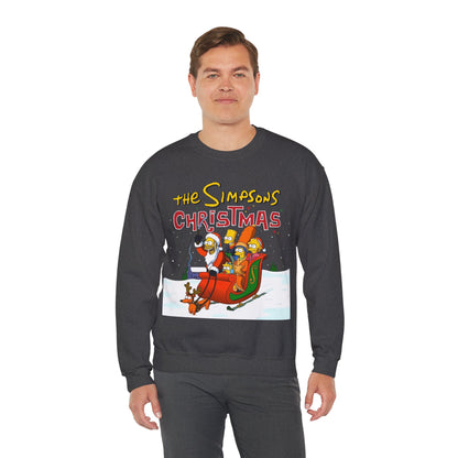 Simpsons Family Christmas Crewneck Sweatshirt - Homer, Marge, Bart, Lisa, Maggie - Riding a Christmas Sleigh Through the Winter Snow