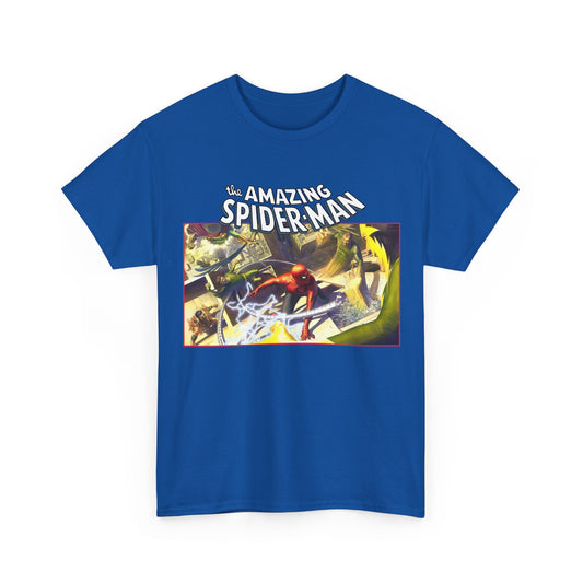 Blue t-shirt with 'The Amazing Spider-Man' graphic on a white background