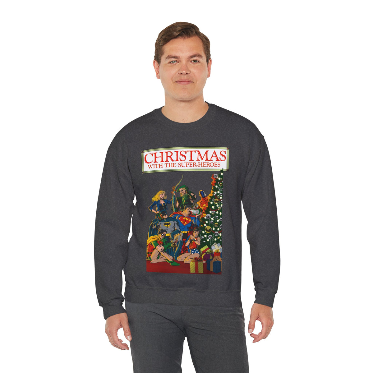 Christmas With the DC Super-Heroes Heavy Blend Crewneck Sweatshirt - Superman, Batman, Green Arrow, Black Canary - Festive Holiday Shirt