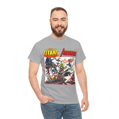 New Teen Titans Vs Avengers T-Shirt - George Perez Art - Hawkeye, Wonder Man, Raven, Starfire, Cyborg, Scarlet Witch, Wonder Girl - DC Comics & Marvel Comics