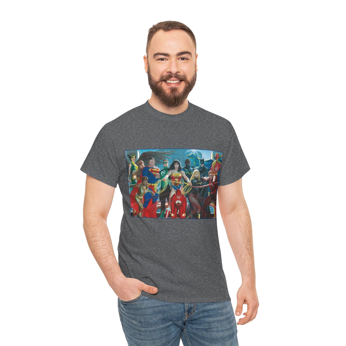 Justice League T-Shirt - Alex Ross Art - Superman, Wonder Woman, Batman, Flash, Black Canary, Vixen, Black Lightning, Green Lantern, Geo-Force, Red Tornado - DC Comics