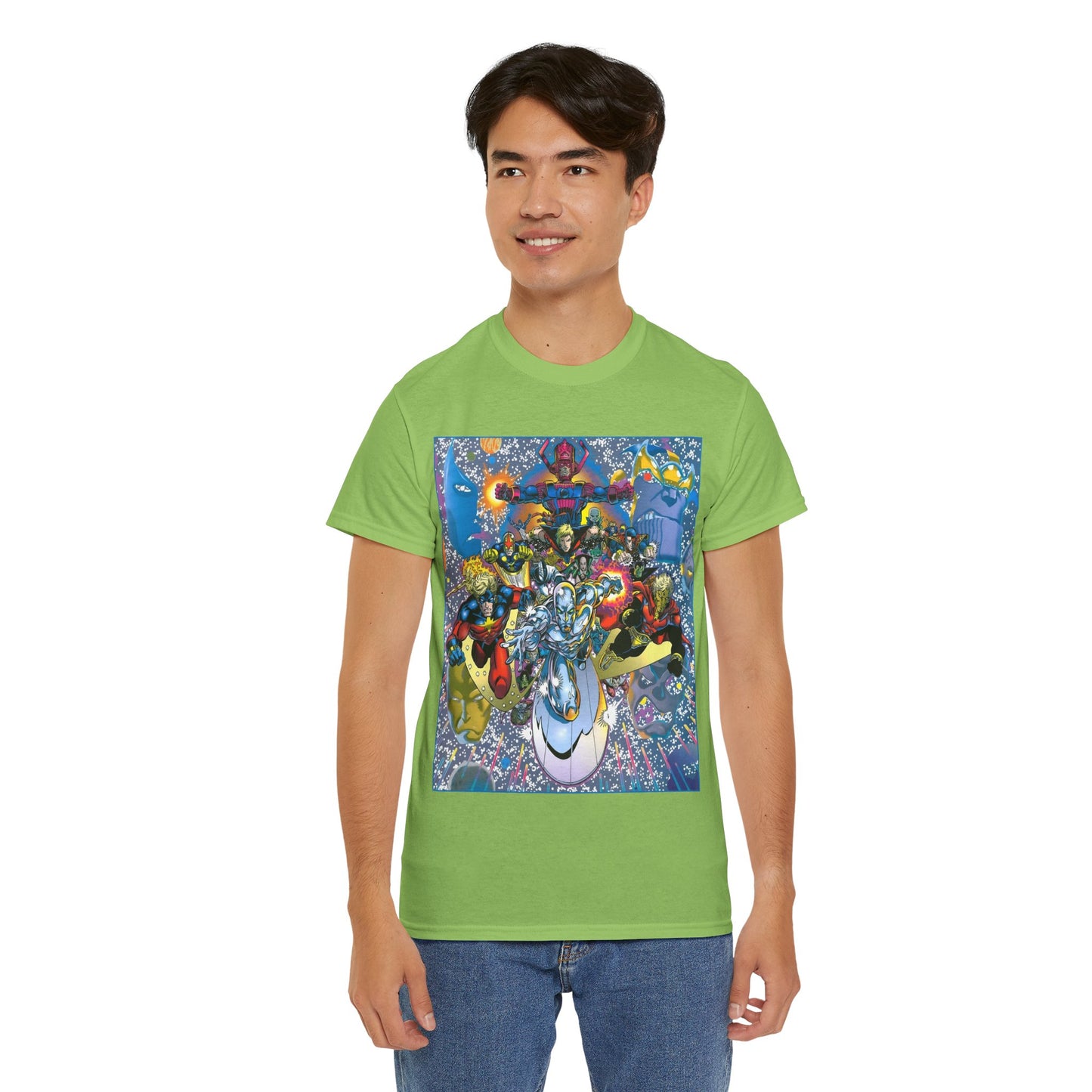 Marvel Cosmic Heroes T-Shirt - Silver Surfer, Captain Marvel, Adam Warlock, Quasar, Nova, Galactus, Jack of Hearts, Moondragon, Thanos