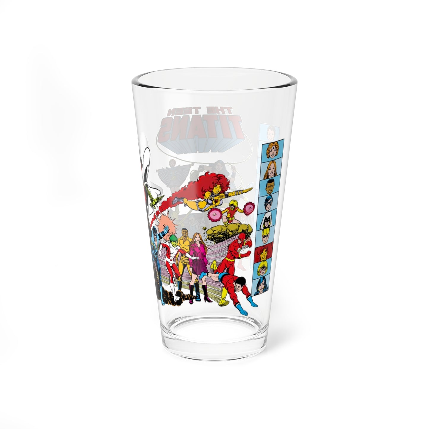 Teen Titans Pint Glass, 16oz - George Perez Art - Raven, Cyborg, Nightwing, Wonder Girl, Lilith, Bumblebee, Aqualad, Jericho, Hawk & Dove - DC Comics Who's Who Art