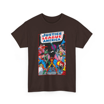 Justice League of America T-Shirt - George Perez Art - 1980s Satellite Era - Superman, Wonder Woman, Firestorm, Green Lantern, Batman - DC Comics